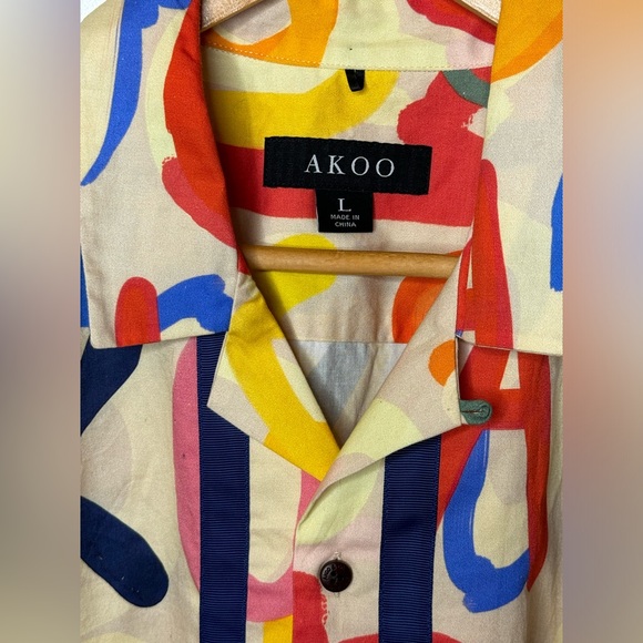 Akoo Effortless Woven Button Down Shirt macadamia print colorful short sleeve - Picture 4 of 11